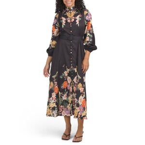 NANCY YANG Black Floral Print Shirt Gown